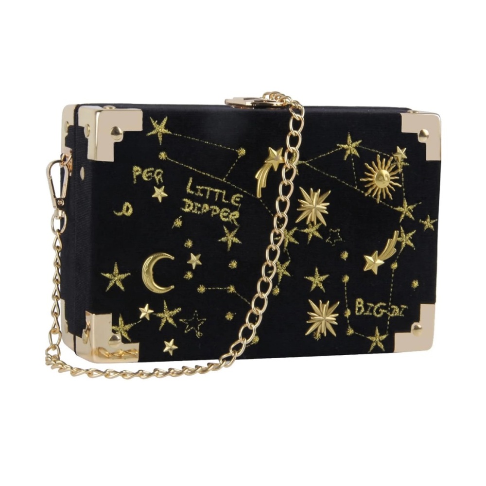 Little Dipper Astrology Constellation Black Velvet Gold Charm Clutch Crossbody